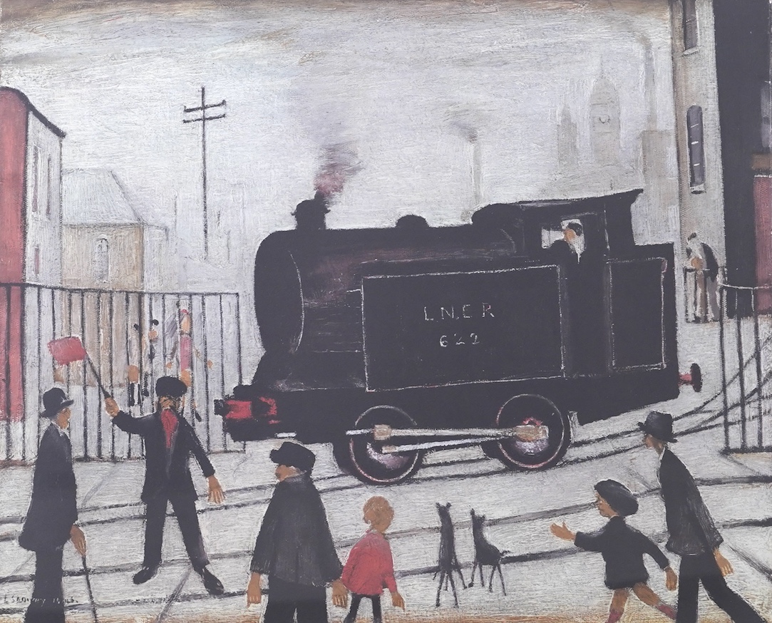 Laurence Stephen Lowry RBA, RA, 1887-1976, 'Level Crossing with Train'